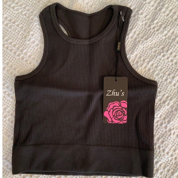 Zhu's Ribbed Crop Tank Top Racerback Sleeveless Black - Picture 1 of 1
